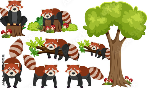 Red Panda on Branch with Tree Elements