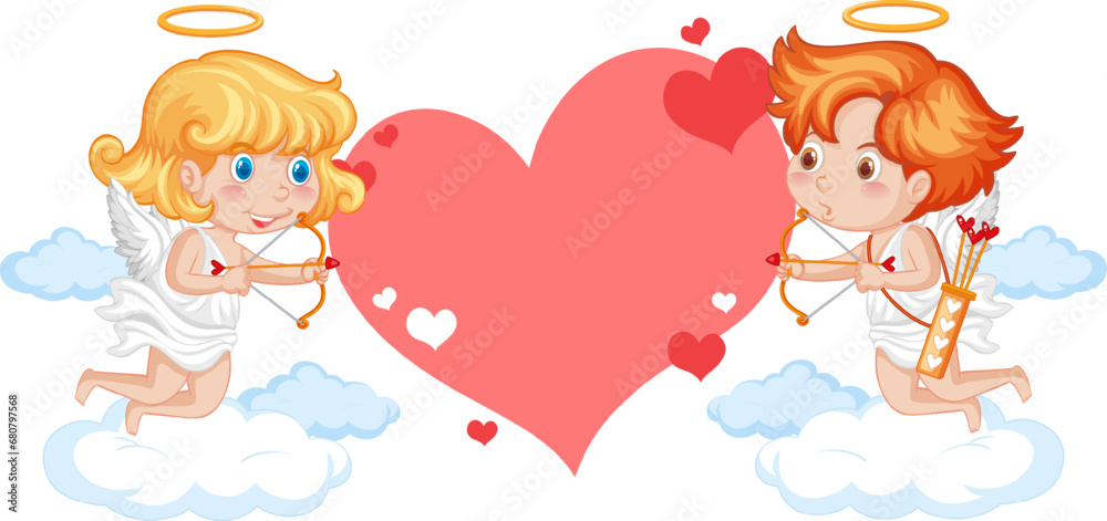 Two Angel Holding Heart Arrow with Blank Heart Banner Two Angel Holding Heart Arrow with Blank Heart Banner