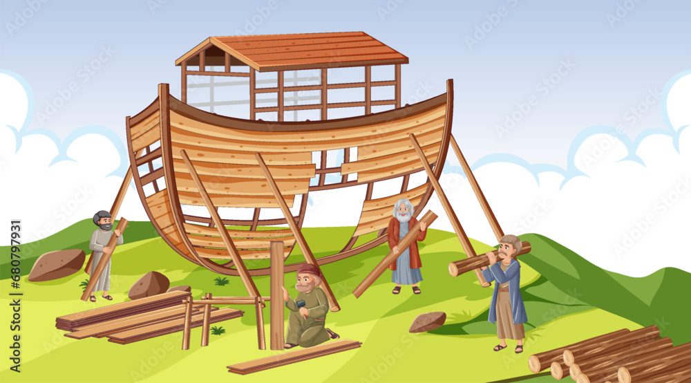 Tableau sur toile Ancient People Building Noah's Ark: A Vector Illustration