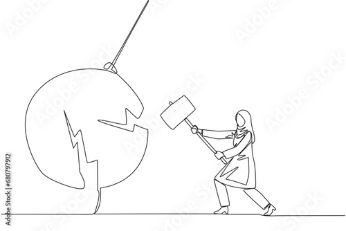Single one line drawing Arab businesswoman preparing to hit swinging pendulum. Metaphor eliminate business distraction. Number one to be a business keeper. Continuous line design graphic illustration