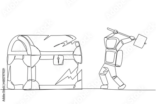 Single continuous line drawing young astronaut preparing to hit big treasure chest. Rampage. Running out of capital. Steal. Doing dirty business. Not commendable. One line design vector illustration
