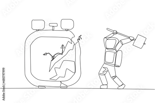 Single continuous line drawing young astronaut preparing to hit the big alarm clock. Can't manage time well. Many business opportunities disappear. Angry cosmonaut. One line design vector illustration