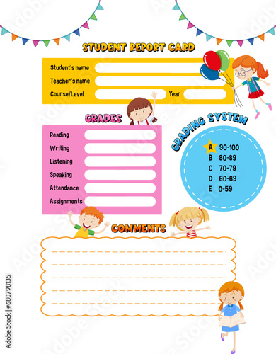 Student Report Card Template with Cute Cartoon Character