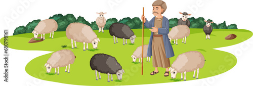 Shepherd Villager Tending a Flock in Scenic Landscape