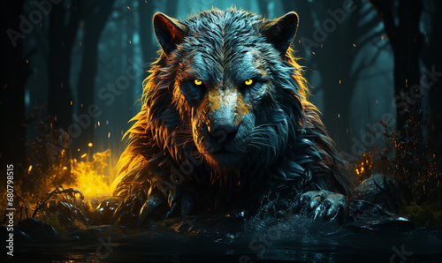 Blue and Yellow Night Forest Wolf High quality photo
