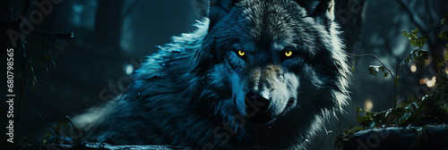 Blue and Yellow dark Night Forest Wolf High quality photo © Basit