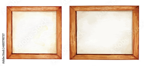 Watercolor vintage wooden picture frame with a blank empty inside background isolated vector illustrations.