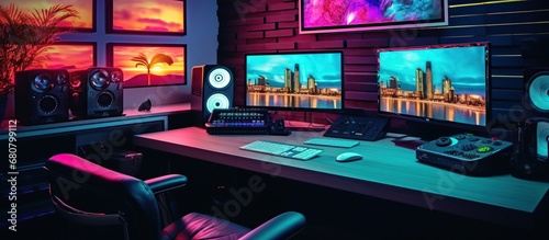 gaming room or designer workplace with colorful neon lighting, PC computer on the table