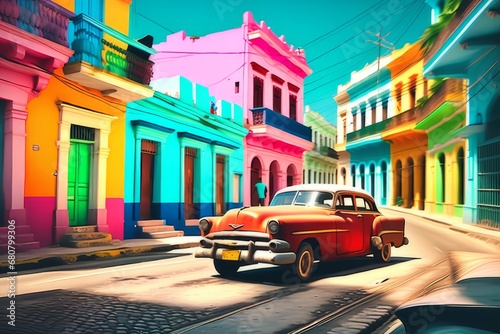 Cuba com seus carros antigos e casa coloridas, (gerado com ia) photo