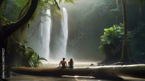Casal na floresta observando uma grande cachoeira (gerado com ia) photo