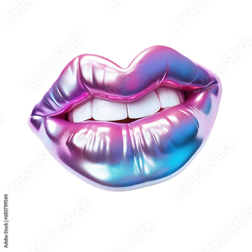 3d irridescent chrome reflective lips shape on transparent png background photo