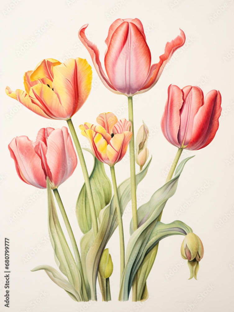 A painting of pink and yellow tulip flowers on a white background