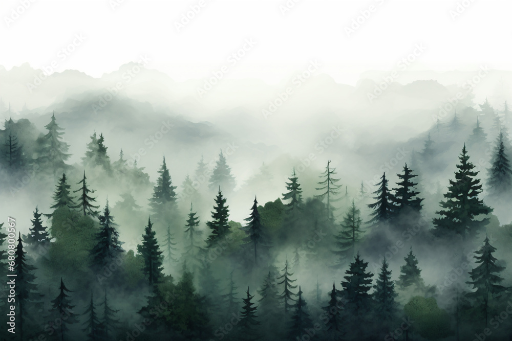 A landscape painting of a forest filled with lots of trees covered in fog