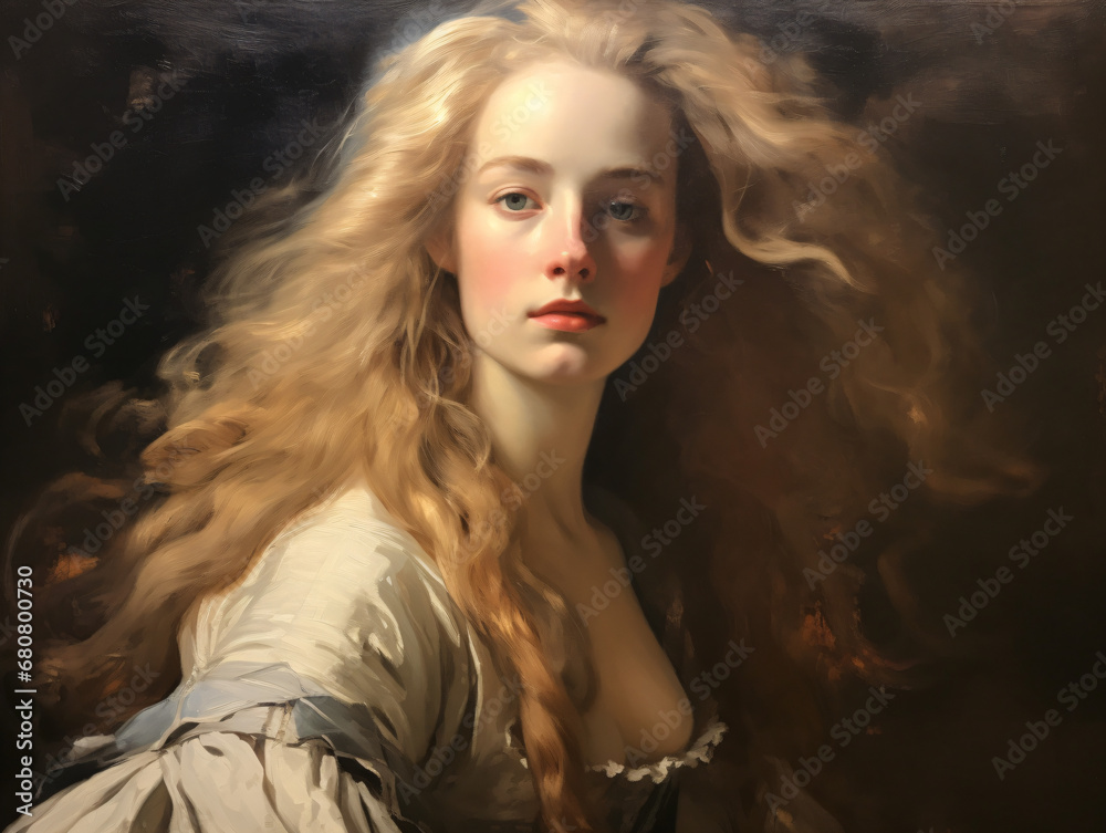 An oil painting of a victorian woman with long blonde hair taking a selfie