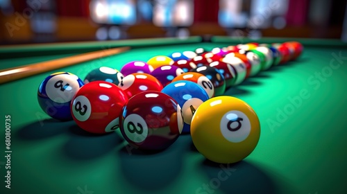 Billiard balls on a billiard table for competition and sport photo