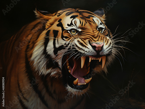 A close up of a tiger with its mouth open showing its fangs © Eduardo