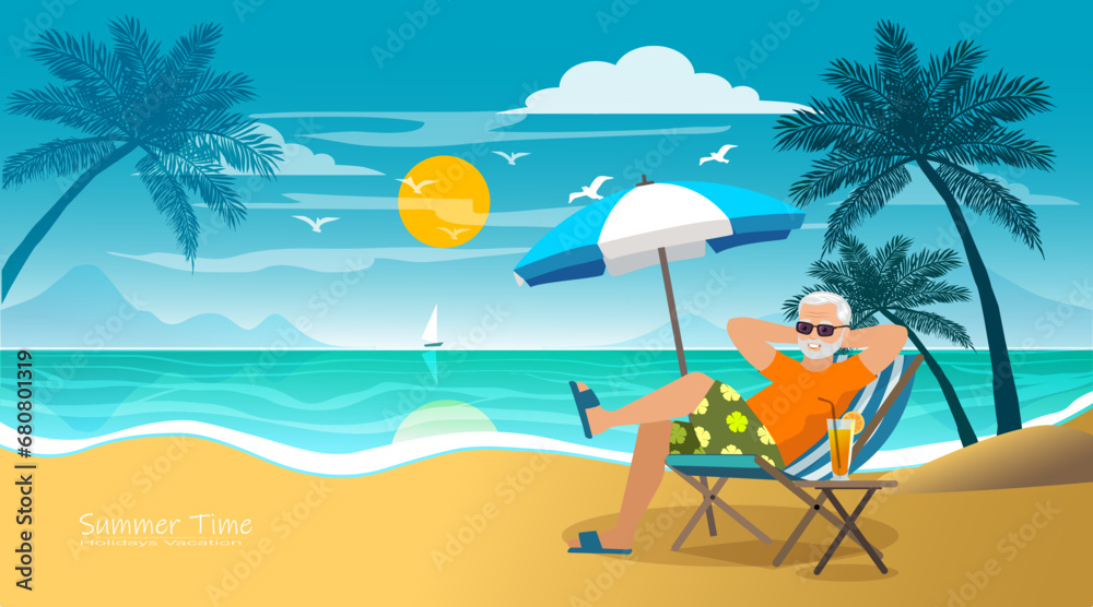 tourist elderly man relaxing on a sandy beach. destination for summer travel holidays concept. illustration