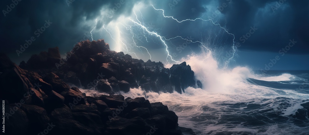 big waves with lightning flashes at night