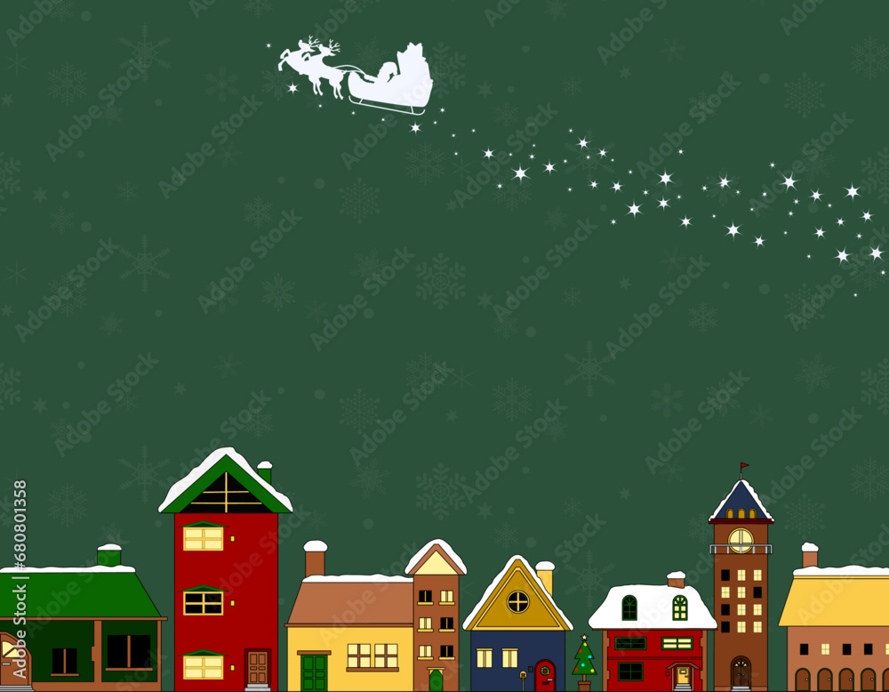 街中をサンタが飛ぶクリスマスフレーム背景/緑