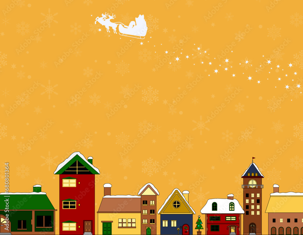 街中をサンタが飛ぶクリスマスフレーム背景/黄