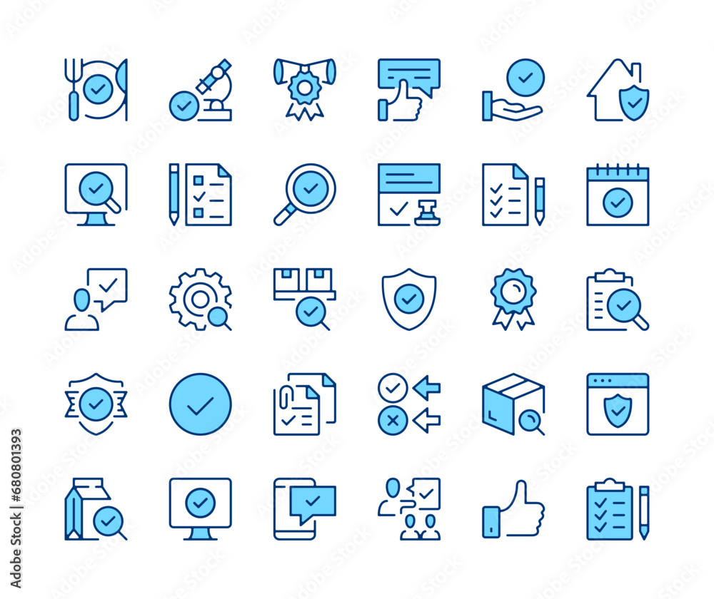 Quality control icons set. Vector line icons. Blue color outline stroke symbols. Modern concepts Quality control icons set. Vector line icons. Blue color outline stroke symbols. Modern concepts