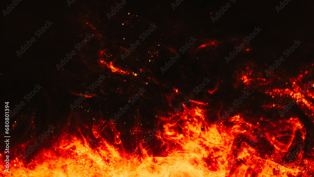 Abstract flame background. Night fire. Golden glitter smoke flow in black sky liquid shimmering sparkles paint spreading in dark hypnotic art.