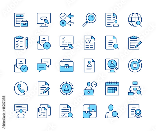 Job search icons set. Vector line icons. Blue color outline stroke symbols. Modern concepts