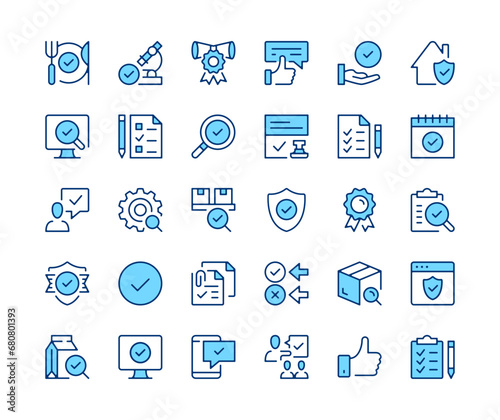 Quality control icons set. Vector line icons. Blue color outline stroke symbols. Modern concepts