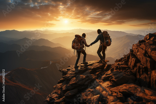 Silhouettes of couple climbing on peak of mountain and give helping hand during sunrise 
