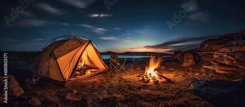 camping tent with campfire  camping at night