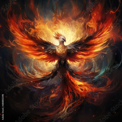 flying red burning bird phoenix with wire wings rebirth