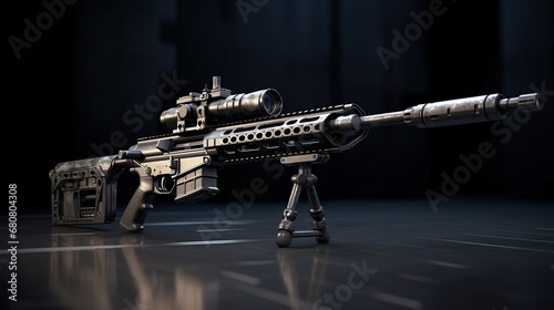 Modern and powerful sniper rifle with a telescopic sight mounted on a bipod. photo