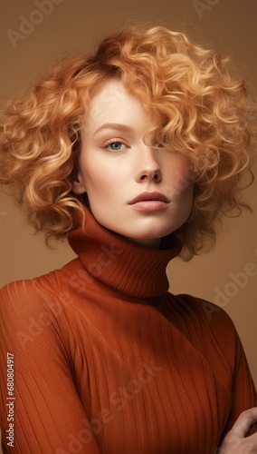 Portrait of beautiful white blonde woman with loose bronze curls, burnt orange turtleneck, looking thoughtful, beige background