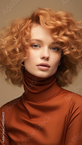 Portrait of beautiful white blonde woman with loose bronze curls, burnt orange turtleneck, looking thoughtful, beige background