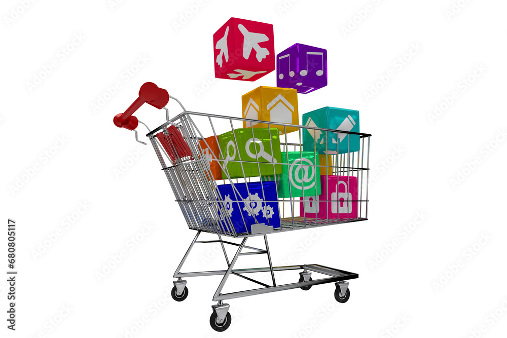 Digital png illustration of shopping cart with media icons on transparent background