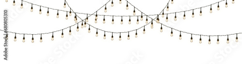 Isolated string bulbs on a transparent background. Shining yellow lights with sparkles. Perfect for Xmas, New Year, wedding, or birthday decorations. PNG.
