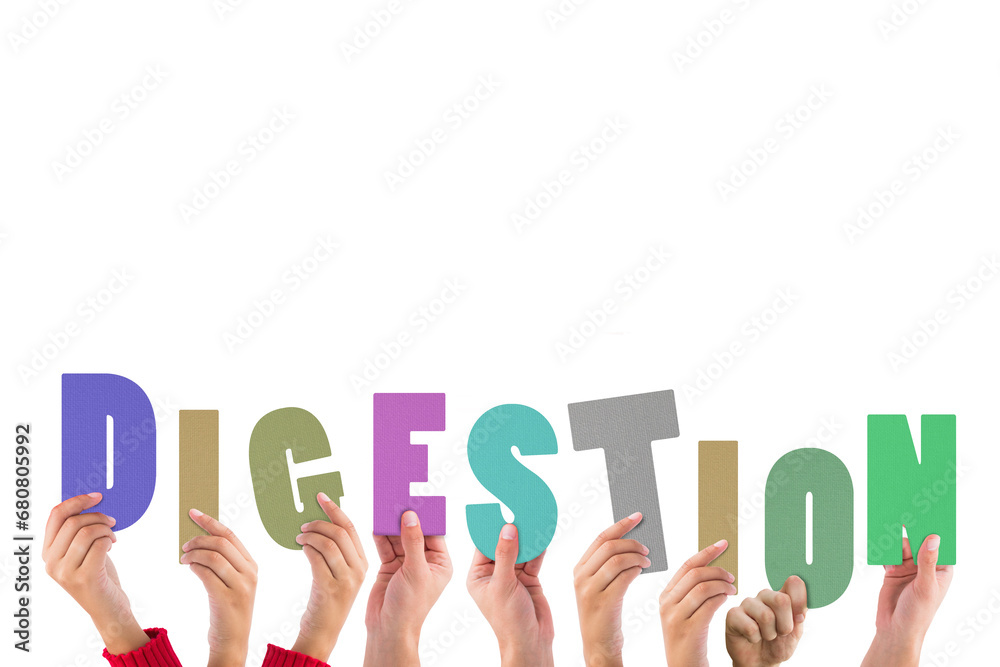 Digital png illustration of hands holding digestion text on transparent background Digital png illustration of hands holding digestion text on transparent background