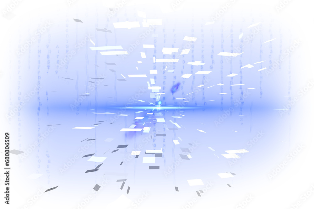 Digital png illustration of white shapes and blue lights on transparent background