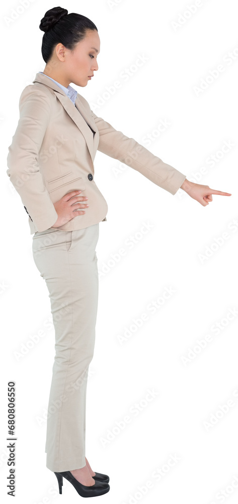 Digital png photo of asian businesswoman pointing finger on transparent background