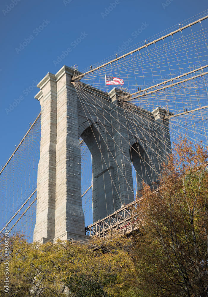 Fototapeta premium brooklyn bridge detail in dumbo (famous suspension bridge to manhattan in new york city, nyc) detailed view