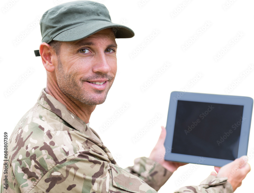 Digital png photo of happy male caucasian soldier using tablet, copy space on transparent background Digital png photo of happy male caucasian soldier using tablet, copy space on transparent background
