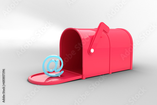 Digital png illustration of at symbol in opened pink mailbox, copy space on transparent background