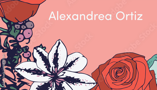 Digital png illustration of alexandrea ortiz text with flowers on pink and transparent background photo