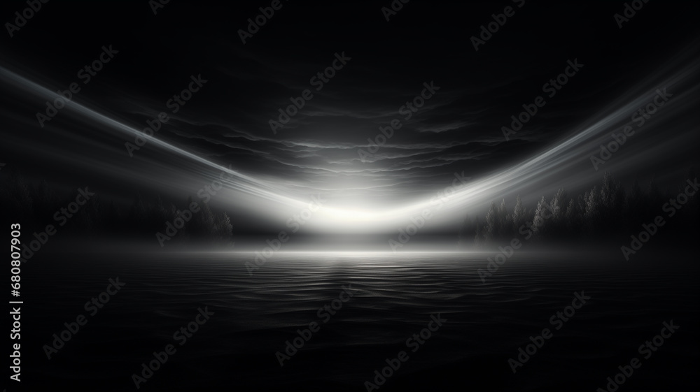 Landschaft mit Bäumen und Himmel (dunkel gehalten) mit sehr hellem Lichteffekt in schwarz weiß und mit Platz für Text. 16:9 Querformat. Generative Ai.