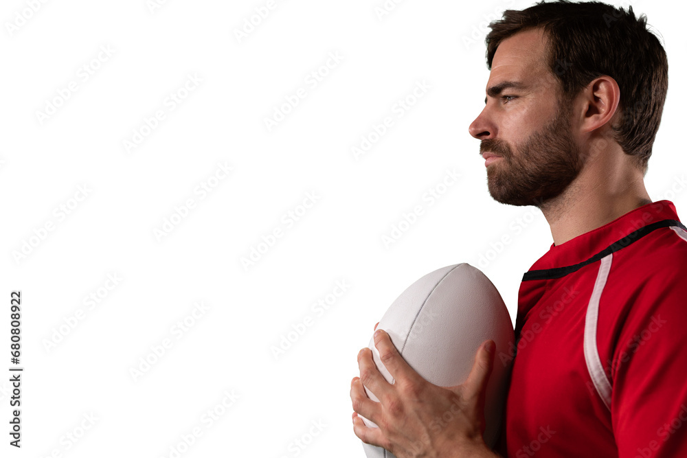 Φωτογραφία Digital png photo of caucasian man holding ball, looking side, copy space on tra