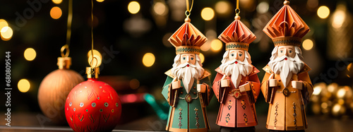 Three wise men holding gifts for Jesus. Concept religious holiday of Epiphany, Nativity of Jesus, Three Kings Day photo