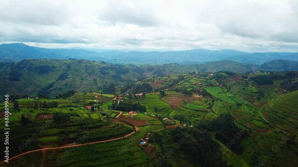 Cultivated Terraced Hills In Farming Village In Uganda. East African Landscape. aerial shot Cultivated Terraced Hills In Farming Village In Uganda. East African Landscape. aerial shot