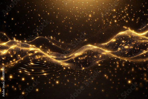 Digital gold particles wave and light abstract background with shining dots stars. photo