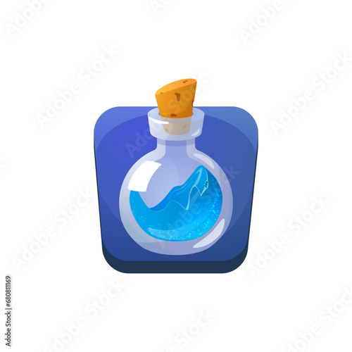 Game or app button with potion bottle, realistic vector illustration isolated.
