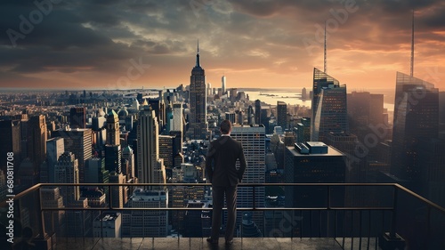 Businesspeople standing and looking out the high office windows in front of the modern city background. © Virtual Art Studio